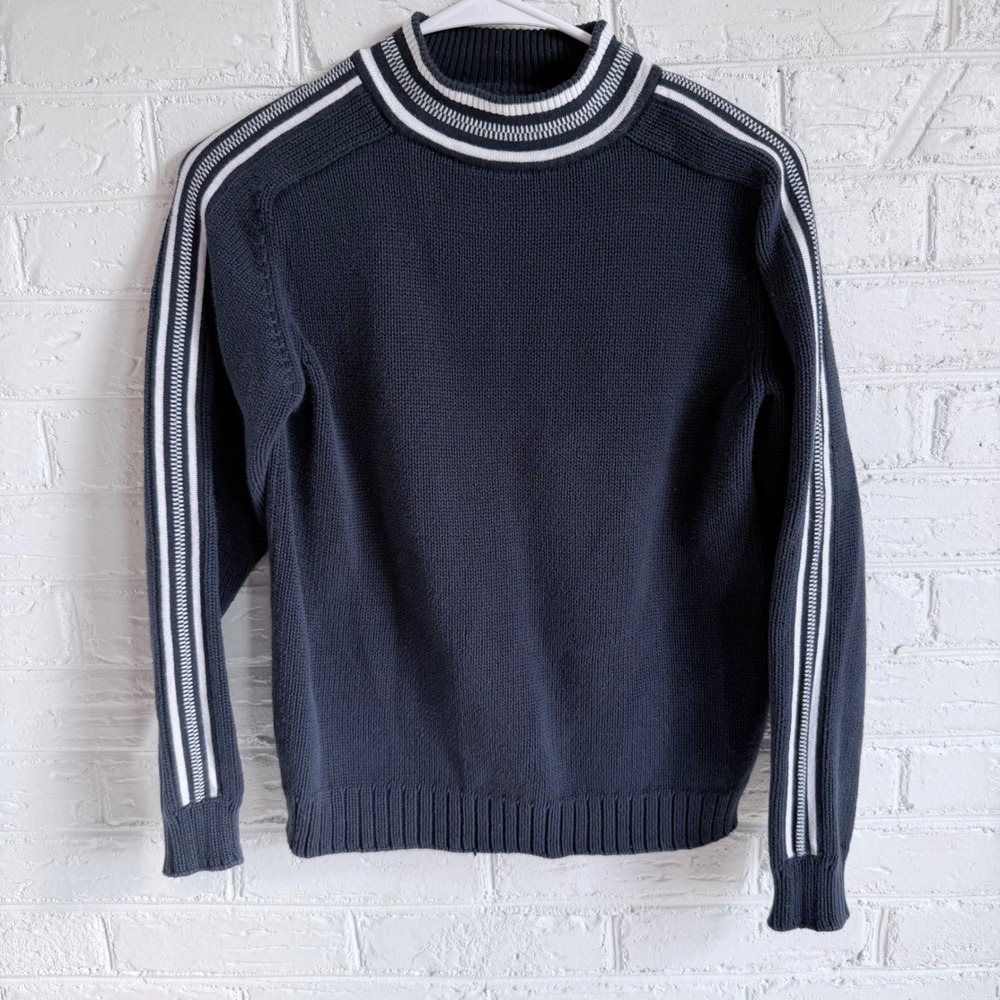 Lands End Kids Navy‎ Mock Neck Sweater White Stripe Trim Size M 10 12